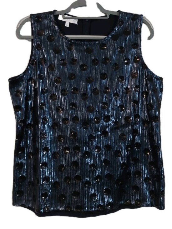 Talbots Tops - Talbot’s RSVP Womens Tank Top Size XL Sequined Formal Top Blue Black Polka Dot